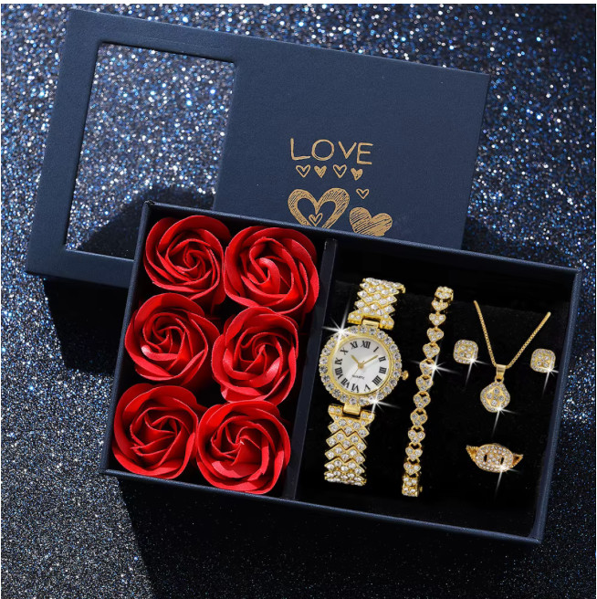 Ensemble montre et bijoux dorés 6 pièces idéal pour vos soirées et le bureau