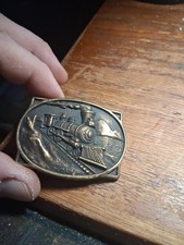 Railroad Train Engine Belt Buckle Steam Locomotive Mountains Vtg 80s BTS .GTA926