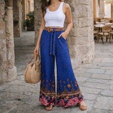 Anthropologie Blue Boho Wide Leg Pants Floral Border Hem Tie Waist Size 4