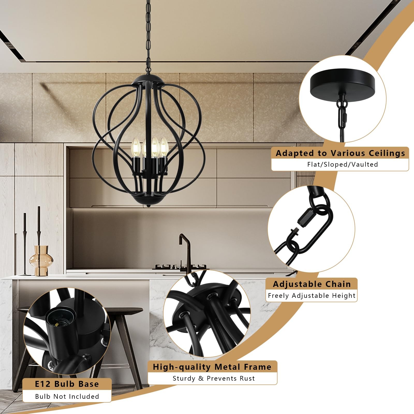 Black Chandelier for Dining Room Light Fixture, 4-Light Modern Farmhouse Chan...