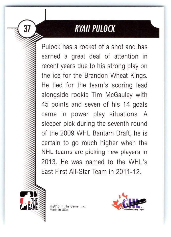 2012-13 In The Game Draft Ryan Pulock Rookie Emerald Parallel #/50 RC #37 - Image 2 of 2