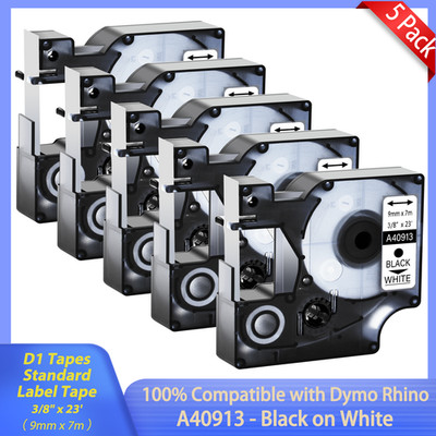 5PK Black on White Label Tapes 40913 9mm Compatible with DYMO LabelManager 210D
