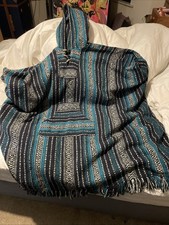 Mexican Style Poncho Hooded 100% Woven Cotton Fancy Dress Or Fireside Festival