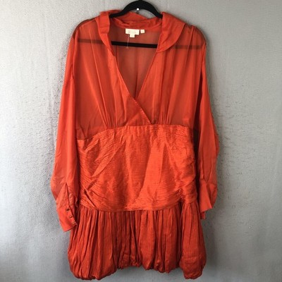 Letmebe Dress Womens Large Red Sheer Long Sleeve Crinkle Bubble Hem Boho Party