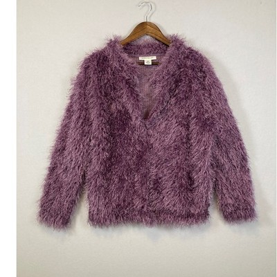 Skyes The Limit Purple Eyelash Knit Fuzzy V-Neck Sweater Womens Medium