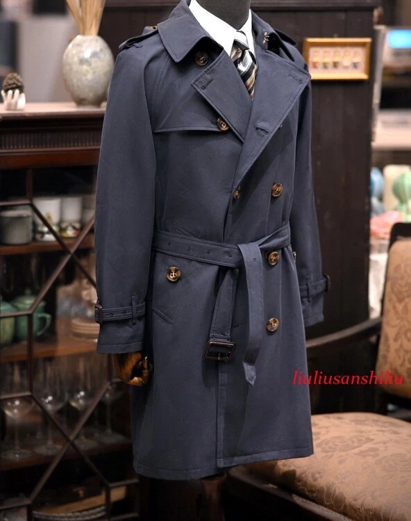 Mens British Military Belted Double-Breasted Trench Coat Retro Vintage Style