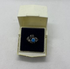 925 Sterling Silver Flower Leaf Ring With Blue Opaque Stone Size 5.75