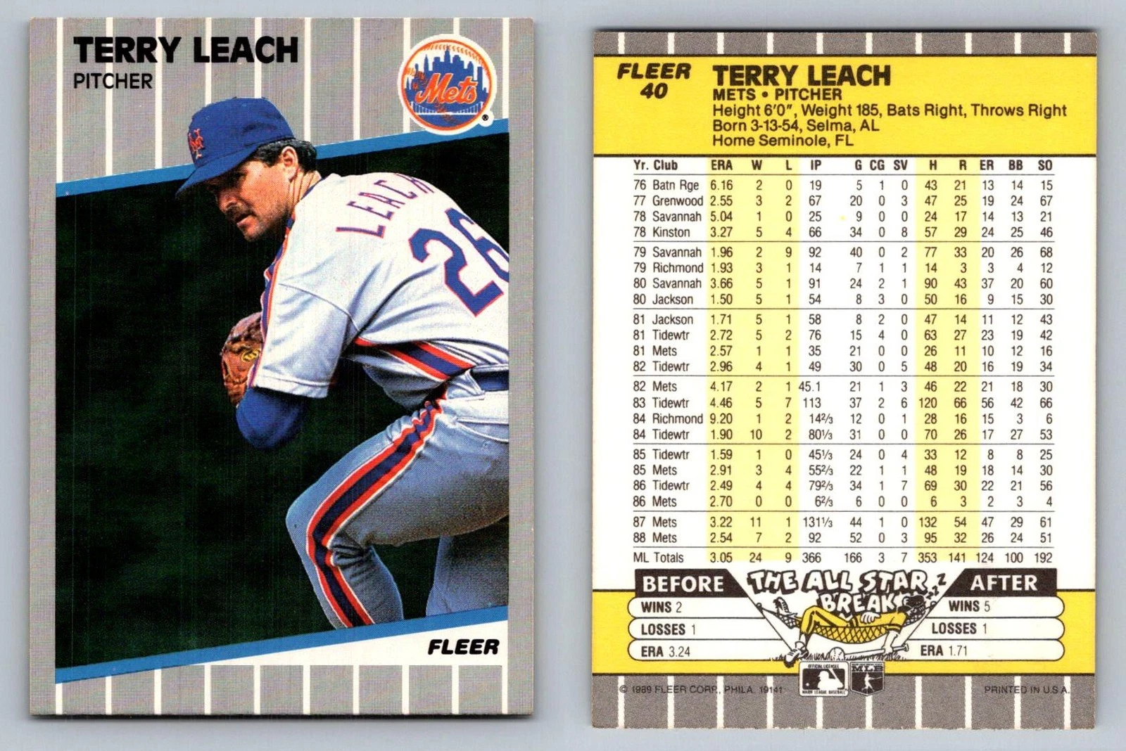 Terry Leach Pitcher Mets Fleer 1989 Card 40 Sports Collectible