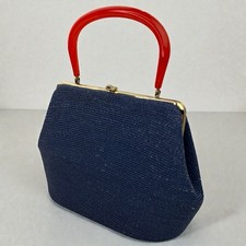 Vintage 1960s Navy Woven Frame Purse Swirl Lucite Handle Gold Lock Top Handle