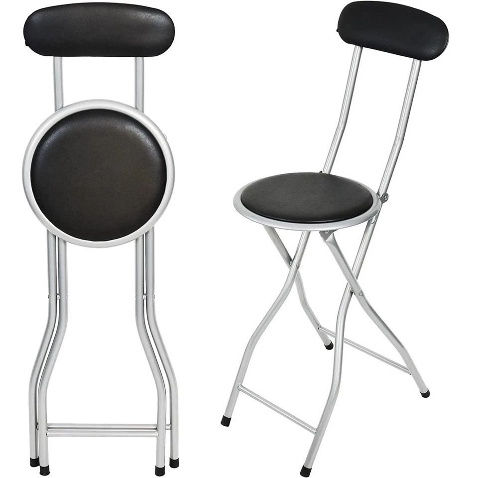 Black Folding Bar Stool Breakfast High Back Chair Padded Round Desk Seat Kitchen - Image 4 of 4