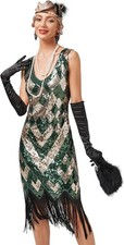 Abito da Sera Donna Anni 20 Gatsby Paillettes Frange Charleston Oro Verde 3XL