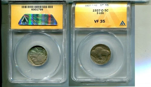 1937 D BUFFALO HEAD NICKEL TYPE COIN 3 LEGGED ANACS VF35 8022T