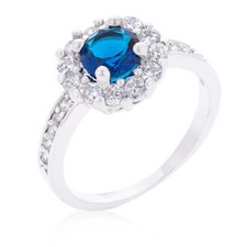 Sapphire Blue Halo Engagement Ring Cubic Zirconia 2.1 ct. Rhodium Plated