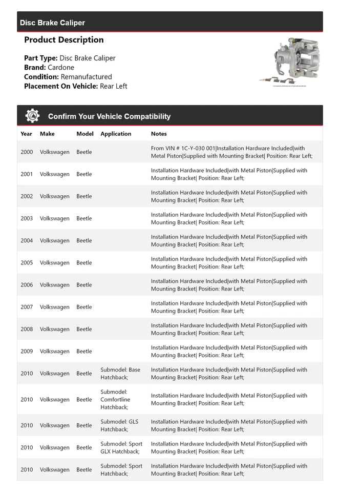 For 2000-2010 Volkswagen Beetle Disc Brake Caliper Rear Left Cardone 2001 2002 - Image 2 of 4