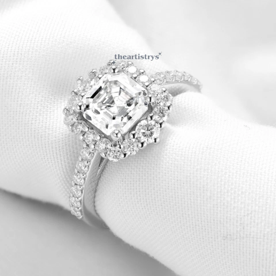 Moissanite Halo Engagement Ring 2.45 CT Asscher Cut Solid 14K White Gold - Image 3 of 4