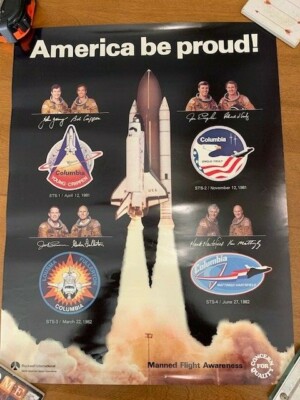 Space Shuttle Space Memorabilia Poster 17x22'' STS-1 thru STS-4 Crews & Patches