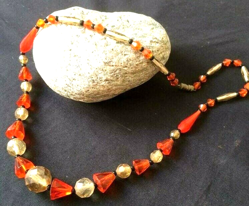 NECKLACE~ OLD ART DECO COLOUR GLASS BEADS TYPICAL DECO ORANGE/BLACK WHAT A FIND!
