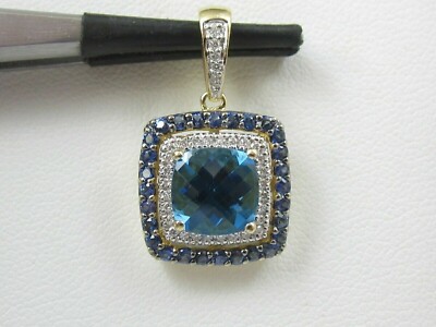 2CT Cushion Cut London Blue Topaz Halo Pendant 14K Yellow Gold Finish Free Chain