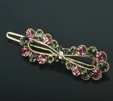 Green  Pink Rhinestone Gem Gold Infinity Bow Hair Clip Trendy Festival Barrette
