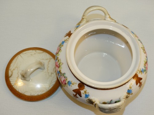 VINTAGE HANDBEMALTE NORITAKE PORZELLAN ZUCKERDOSE MIT DECKEL ROSA ROSEN ALTE GRÜNE MARKE - Bild 8 von 10