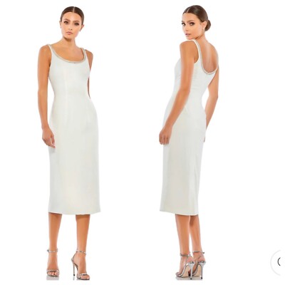 MAC DUGALL JEWELED SCOOP NECK FITTED MIDI DRESS IVORY SIZE 10