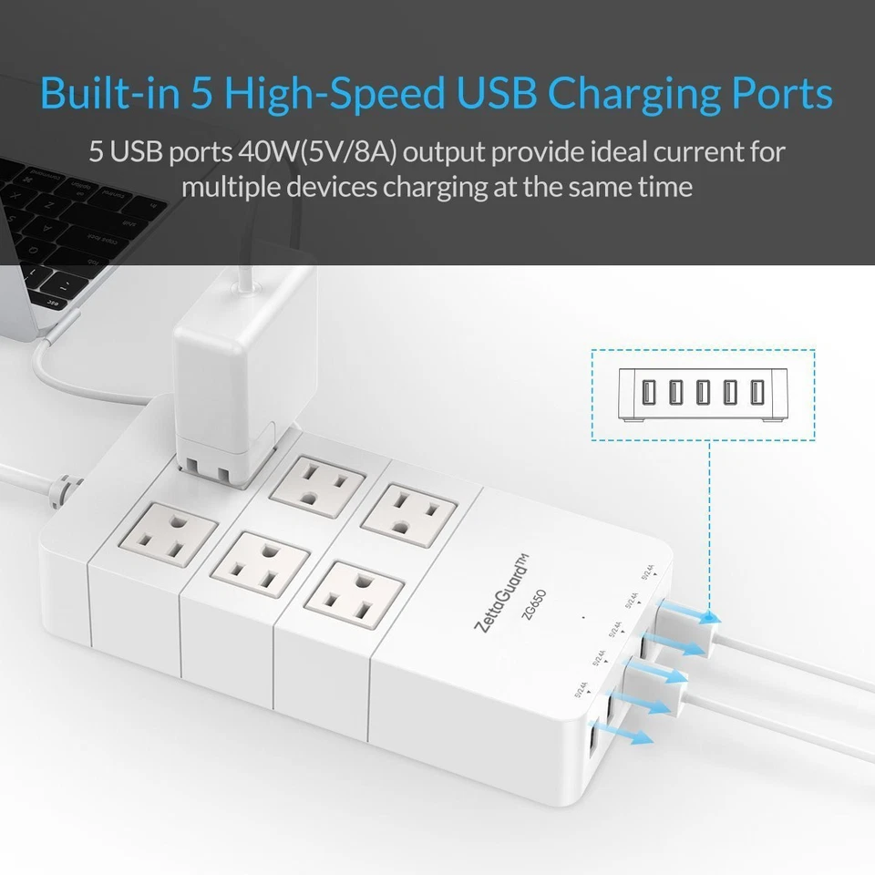 Power Strip, Zettaguard Surge Protector 6 Outlet 5 USB Ports 5ft Long Cord White - Image 3 of 4
