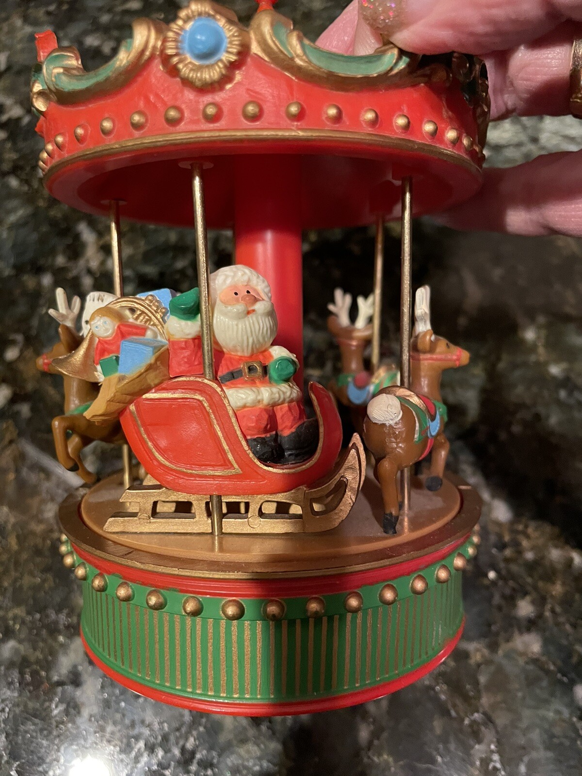 CHRISTMAS WindUp Merry Go Round Carousel Music Box Santa Reindeer VTG