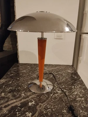Lampe de bureau champignon dite "paquebot" - Bois et métal chromé - 1980' - Photo 1/4