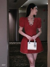 Women’s Red Solid V-Neck Puff Short Sleeve Mini Dress Beaded Rhinestone Glitter