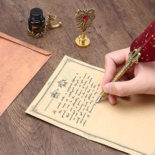 Quill Feather Pen and Ink Set, Calligraphy Pen Glass Dip Pen and Wax Seal Sta... - Picture 4 of 8