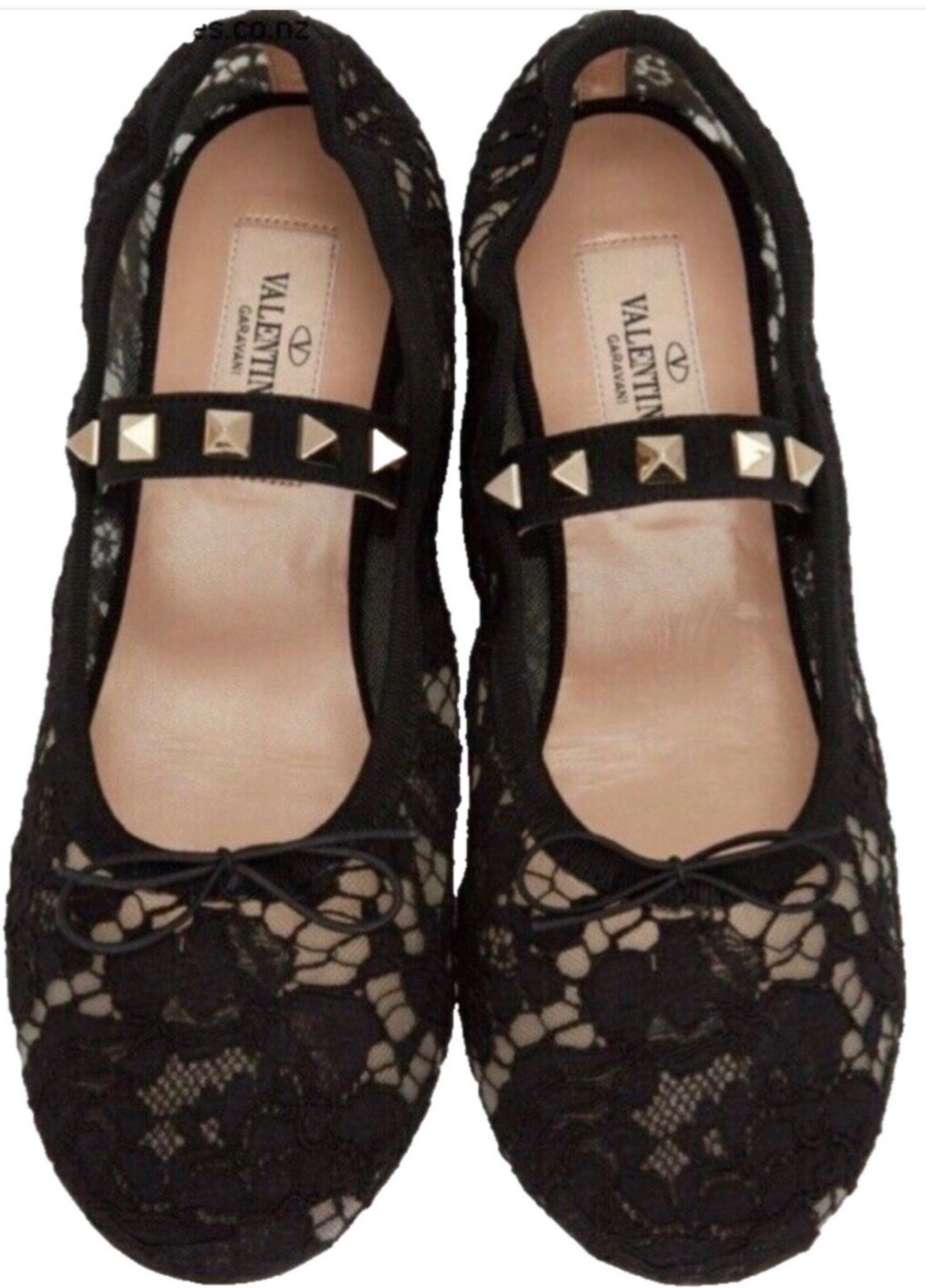 VALENTINO GARAVANI Lace Ballet Flat Shoe with RockStud & Bow BLACK Size 37