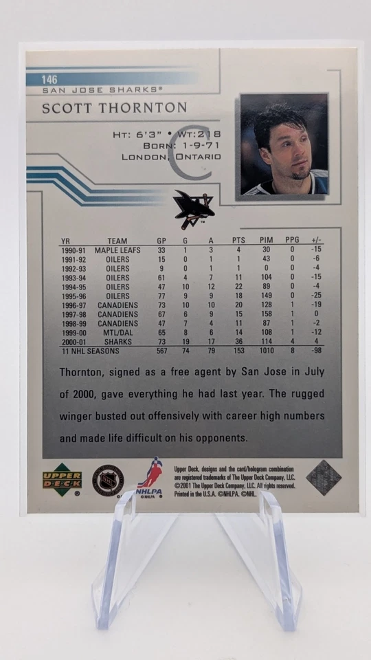 2001 UPPER DECK SCOTT THORNTON #146 ON-CARD AUTOGRAPH SAN JOSE SHARKS - Image 2 of 2
