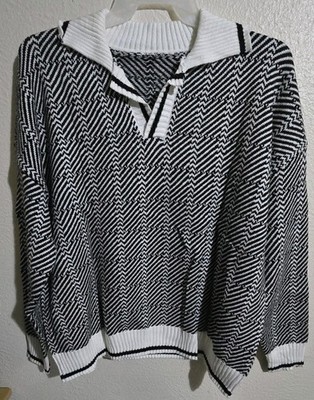 Evaless 2xl Women's V-neck Collared Sweater, Black And White, NEW
