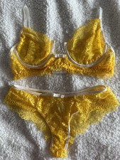 Lace Floral Bra Set Yellow White Sheer Unlined