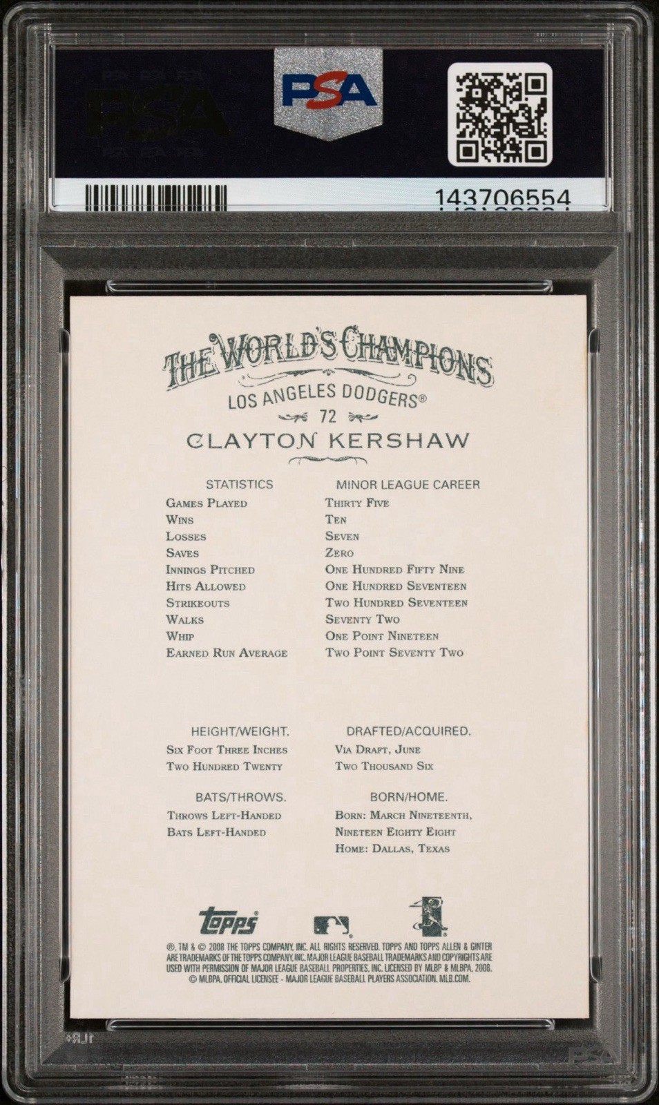 2008 Topps Allen & Ginter Clayton Kershaw Rookie #72 PSA 10 view 2