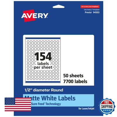 Avery Matte White Round Labels Sure Feed Technology 1/2'' Diameter 7700 Sheet Pri
