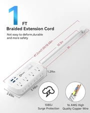 Short Extension Cord 1 Ft - Flat Plug Power Strip Surge Protetor with 8 Outle...