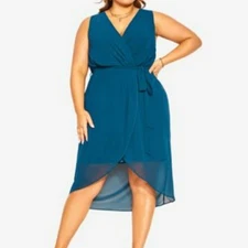City Chic Plis Size Dress Sz 18 Teal Chiffon Party Cocktail Wedding Holiday