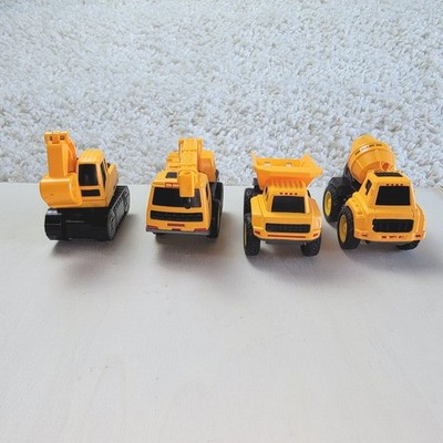 Yellow Construction Toy Truck Set 4pc Wind Up Friction Wheels Excavator Dump