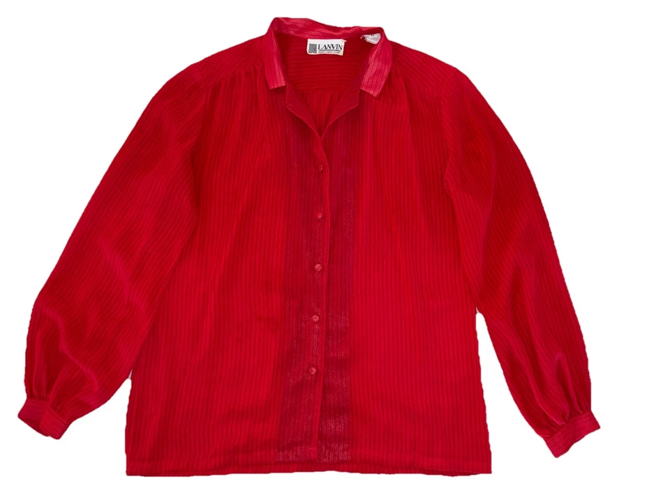 复古 Lanvin 衬衫女式 10 红色胸针条纹休闲经典 Retiro 办公室 — 第 2/4 张图片