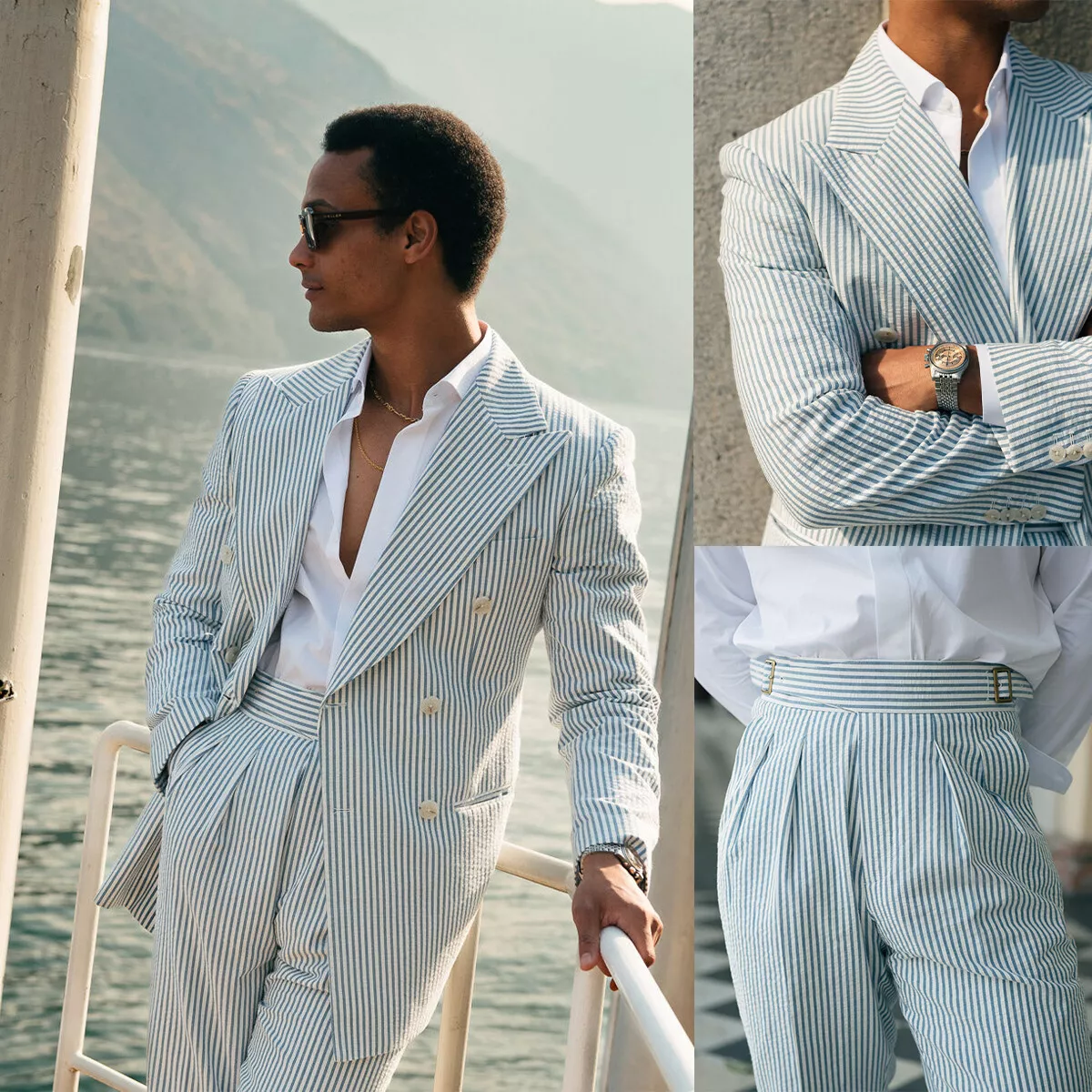 Seersucker Striped Men Suits Double Breasted Peak Lapel Tuxedo