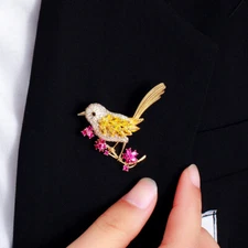 Luxury Yellow Gold Plated CZ Flower Animal Bird Pin Brooch Women Costume Jewelry