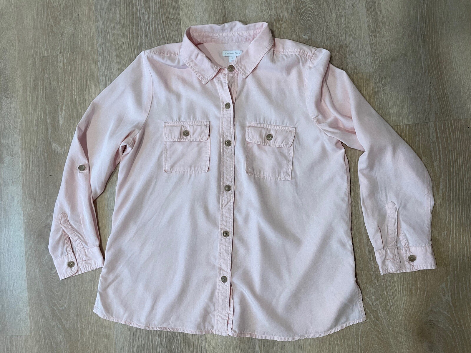 Charter Club L 100% Lyocell Button Up Baby Pink Roll Tab Long Sleeve Spring