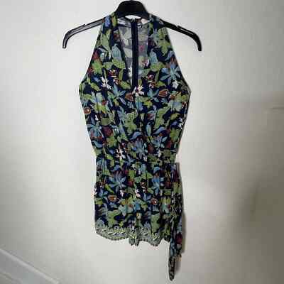 Tory Burch Floral V Neck Sleeveless Romper Size XS Blue Green Belted Zip Closure