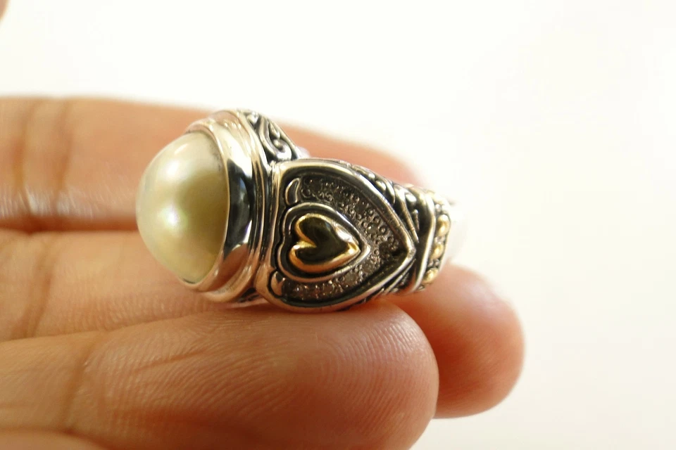 White Mabe Pearl 18K Gold Diamonds 925 Sterling Silver Ring Size 6 7 8 9  - Image 3 of 4