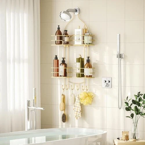 Shower Caddy Hanging, Bathroom Shower Organizer, No Drilling Shower Gold