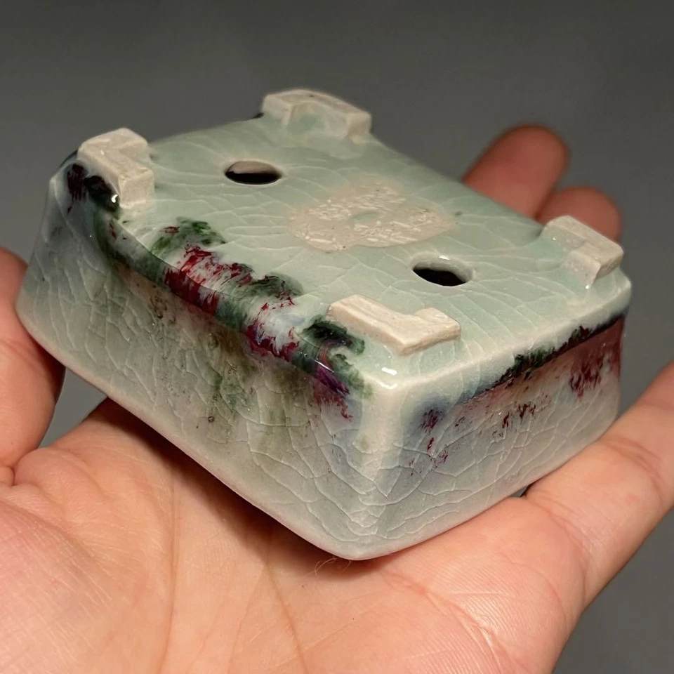 Japanese Bonsai pot AKINAO Rectangular shape W7.7cm H3.2cm Light blue Glazed - Image 3 of 4