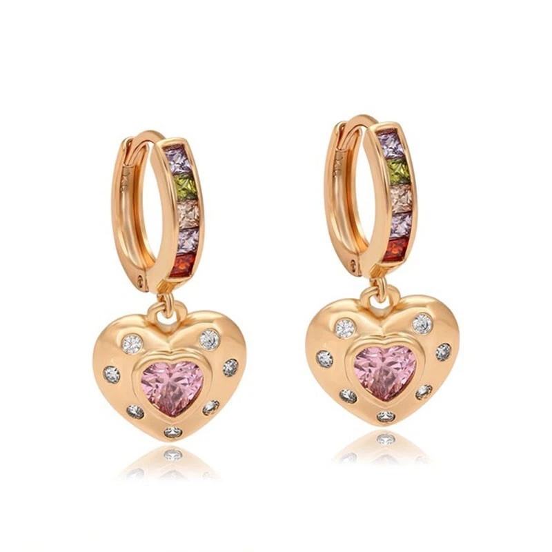 Pendientes de corazón de turmalina rosa de 25 mm de oro de 14 k sobre plata de ley 925 D386 Foto 3 de 4