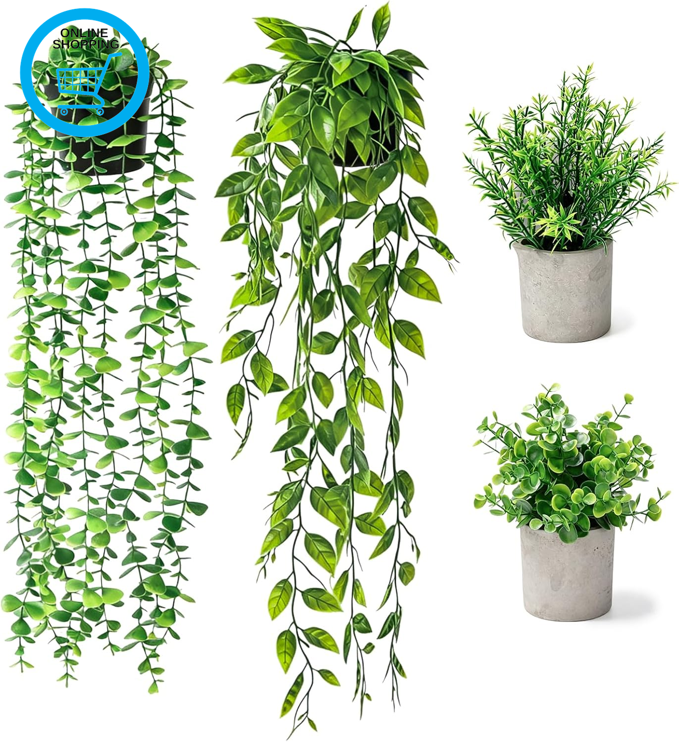4 Pack Fake Plants with Pots, Small Artificial Plants & Artificial Hanging Plant