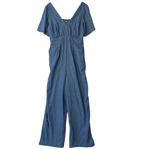 Old Navy Puff-Sleeve Jumpsuit Wide Leg Chambray Denim Smocked Back Size L Tall
